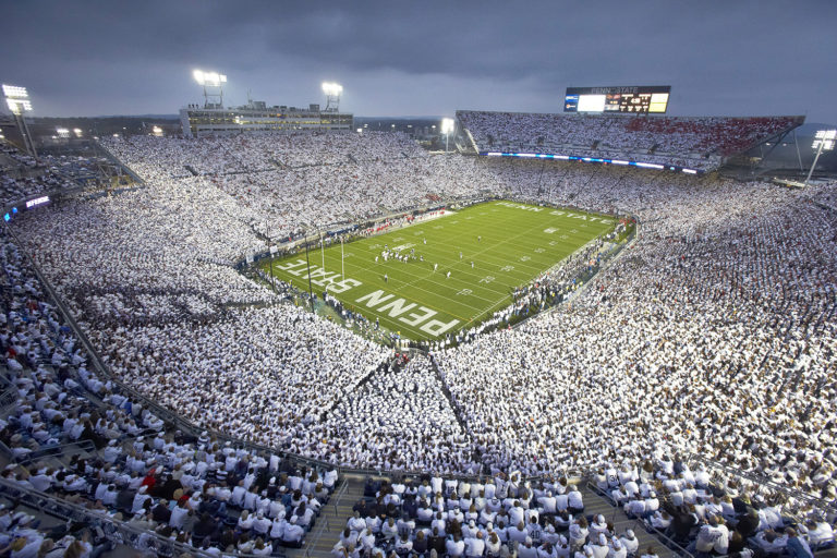 College Football: Overall view of Penn State fans wearing all white in stands during "White Out" game vs Ohio State at Beaver Stadium. University Park, PA 10/27/2012 CREDIT: Simon Bruty (Photo by Simon Bruty /Sports Illustrated/Getty Images) (Set Number: X155691 TK1 R2 F108 )